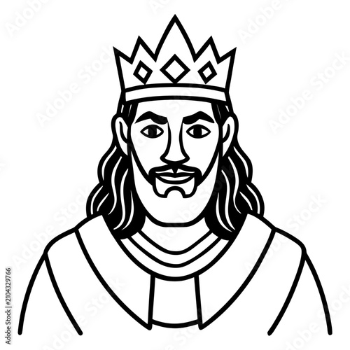 Black and white of a crowned king with a stern expression and a large mustache