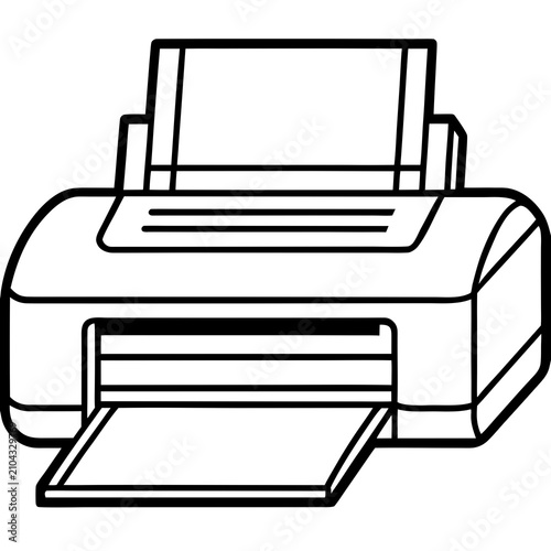 Black and white of a desktop printer with paper output and power cord