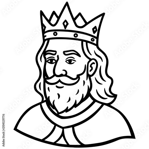 Black and white stylized of a cartoon king with crown and royal robe