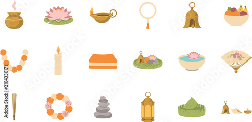 Tableau sur toile Hindu puja religious ritual icon set with lotus diya garland incense oil lamp be