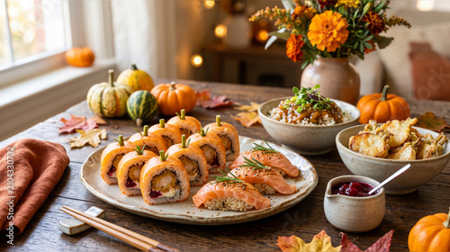 Festive autumn sushi platter with seasonal harvest decorations and Thanksgiving table setting creating an elegant holiday dining experience for family gatherings