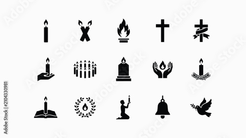 Принти на полотні Black and white religious symbols icon set with sacred objects set against clean