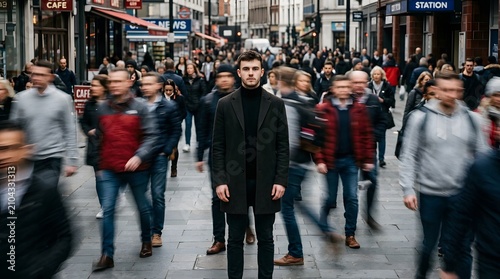 Crowd of people walking down a busy city street