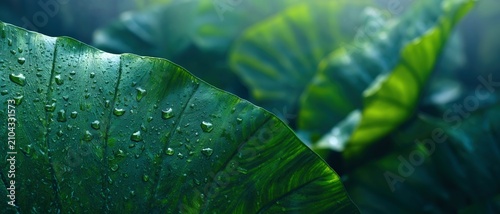 Lush tropical foliage background with overlapping leaves