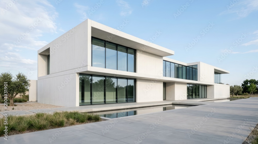 Fototapeta premium A modern, minimalist house sits on a flat, gray concrete driveway. The house features a rectangular design with large, floor-to-ceiling windows and a smooth, white concrete facade.