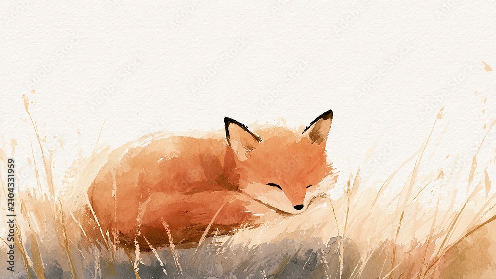Fototapeta premium 草原で丸くなって眠るキツネ 優しい水彩タッチの動物イラスト素材