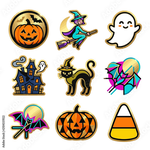 Quadro su tela Halloween enamel pin set with gold trim, spooky holiday icons collection, 9 vect