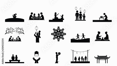 Fifteen black silhouette icons with 5x3 grid minimalist black silhouettes illustrating various cultural family gatherings communal celebrations under cohesive artistic style