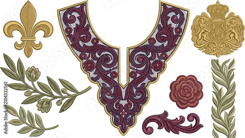 Foto Vintage Embroidered Floral Collar Collection with Royal Crest, Fleur-de-Lis, Bot