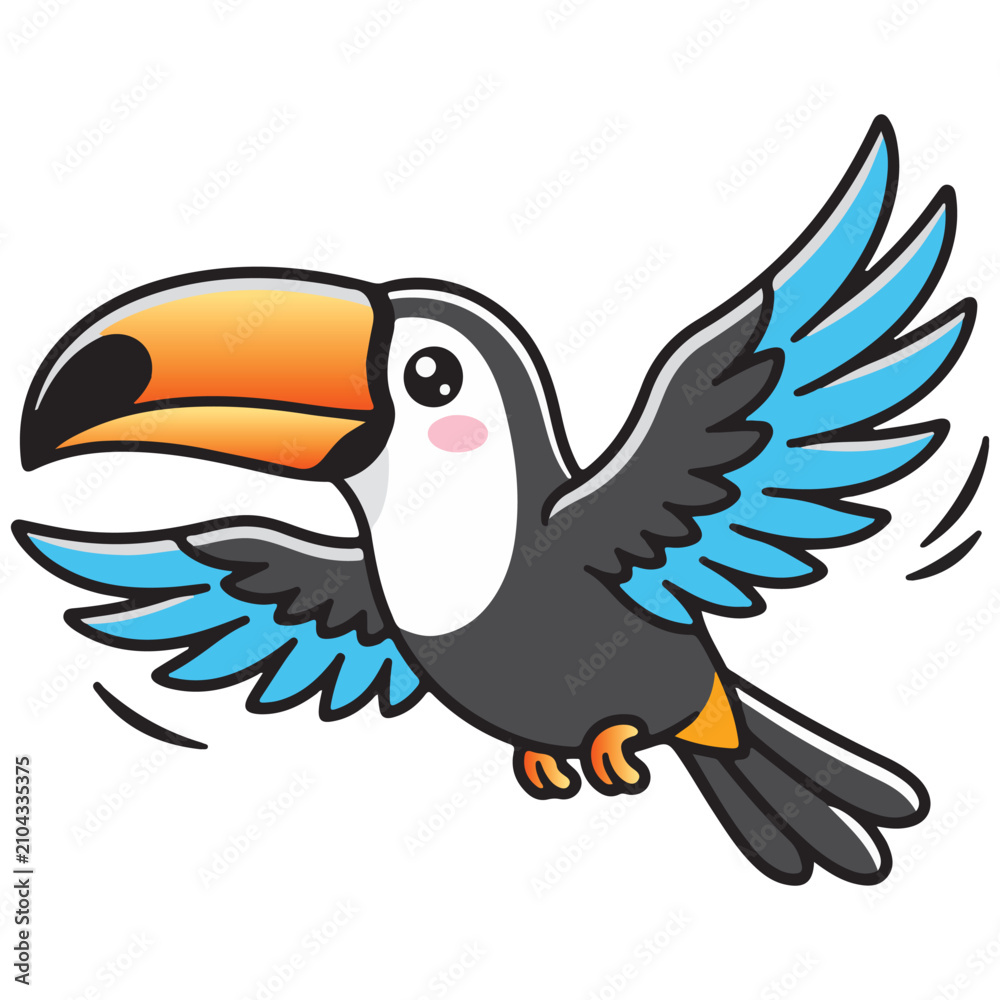 Obraz premium Cute toucan cartoon character flying with open wings vector illustration