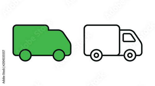 Delivery Van Icons Flat Style With Green And Outline Versions
