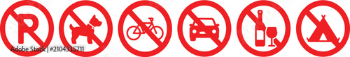 Prohibitory red sign icons set, collection of 6 restriction symbols, no parking dog bicycle car alcohol and camping warning labels for public safety