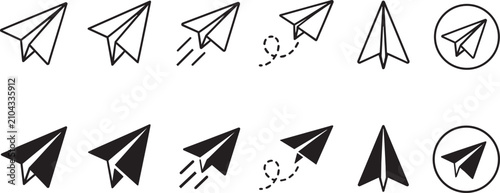 Paper plane icon set, 12 minimalist paper airplane vector symbols, black and white origami aircraft line art for business communication and startup launch