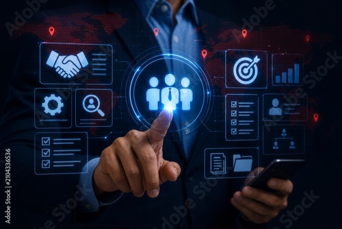 Executive using futuristic digital dashboard for human resources management and team building