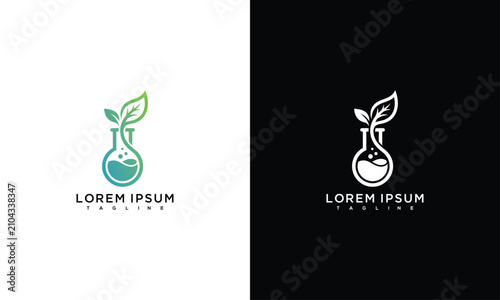 Sustainable Biotechnology Lab Flask with Growing Leaf Logo Design