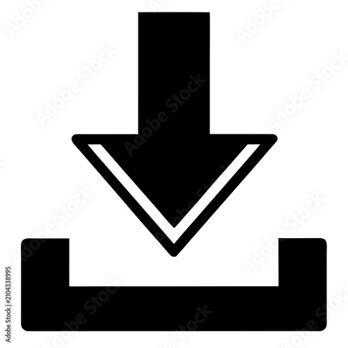 Black of a downward pointing arrow dropping into a square tray container black arrow downward arrow flat minimal download digital download