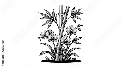 Obraz na płótnie Bamboo stalks and orchid flowers botanical sketch.