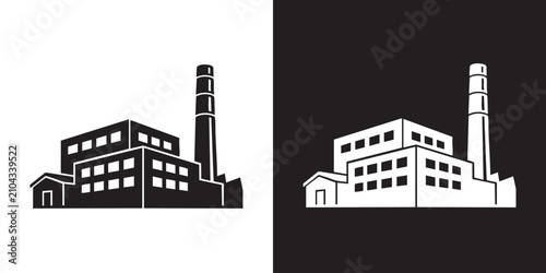 Bild auf Leinwand Minimalist Black and White Factory Silhouette with Tower and Smokestack - Modern
