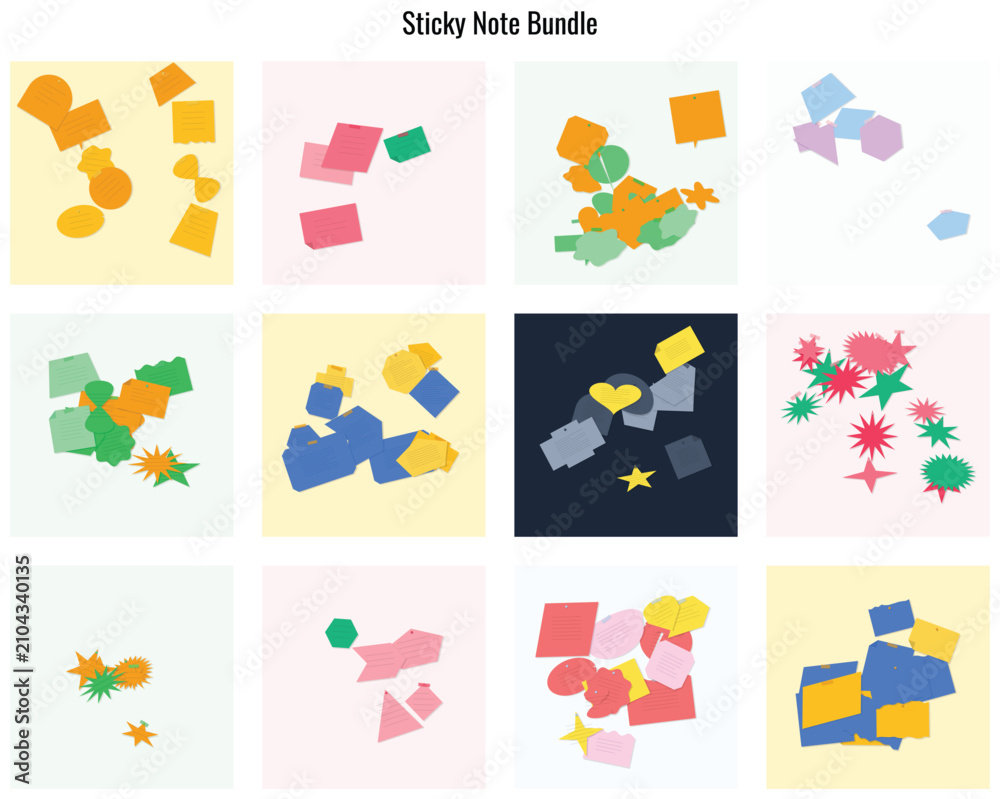 Fototapeta premium Diverse collection of vibrant sticky notes featuring geometric shapes and varied colors for creative office tasks