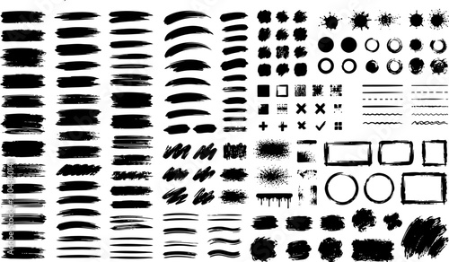 Black Grunge Brush Stroke Collection, Hand Drawn Ink Marks and Frames, Abstract Paint Splashes Symbols, Distressed Texture Elements for Design