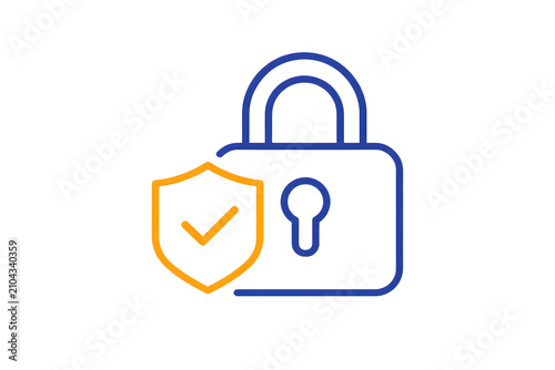 Digital security lock with verification checkmark. Cyber protection shield icon for online safety and data privacy.