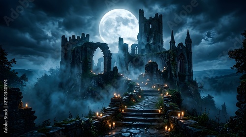Eerie gothic castle ruins at night with glowing candles and full moon