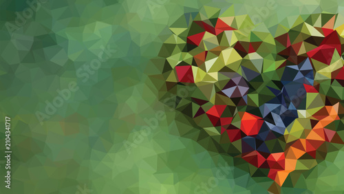 An abstract low poly heart shape composed of colorful geometric triangles set against a textured green polygonal background.
