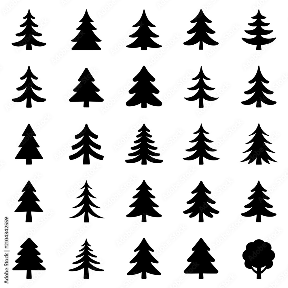 Obraz premium Pine Tree Icon Set Vector Illustration, Evergreen Fir Tree Silhouettes Collection, Conifer Forest Symbols, Christmas Trees, Nature Elements, Black Glyph Icons Isolated on White