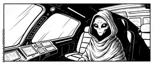 Fotografía Hooded alien pilot sitting in spaceship cockpit in detailed sci-fi engraving sty