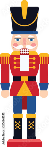Classic Wooden Christmas Nutcracker Soldier Wearing A Tall Black Hat And A Festive Red Military Uniform Standing Proudly To Celebrate The Winter Holiday Season With Traditional Yuletide