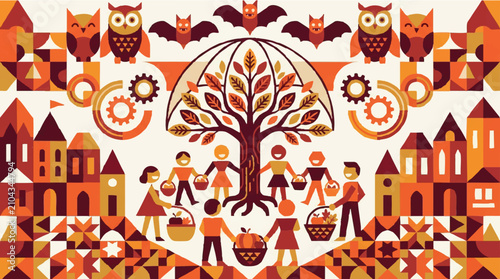 Flat vector autumn illustration of people gathering harvest near a tree