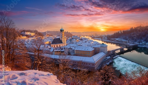 Breathtaking Sunset Over Winter Passau Bavaria Scenic Landscape Photography