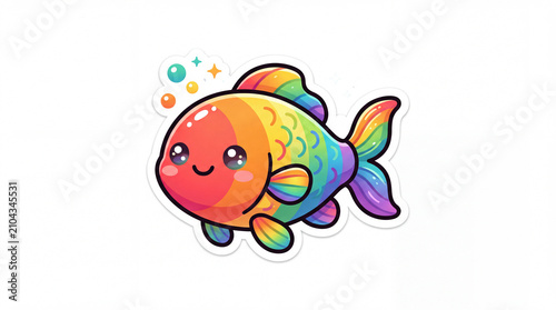 Colorful cartoon fish sticker with a joyful expression and rainbow scales, surrounded by bubbles