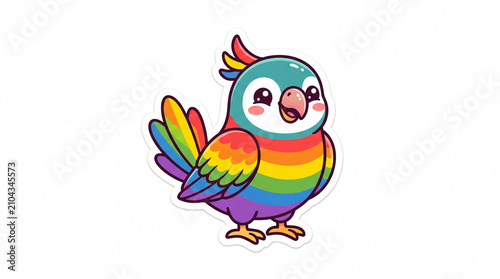 Colorful cartoon parrot with a rainbow feather pattern, smiling against a white background, showcasing a playful and cheerful vibe