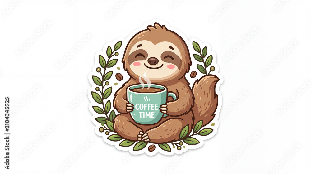 Obraz premium Cute sloth character holding a coffee mug surrounded by green leaves promoting a relaxed atmosphere