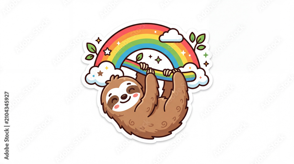 Obraz premium Cute sloth hanging from a colorful rainbow surrounded by clouds and leaves, creating a cheerful and whimsical atmosphere