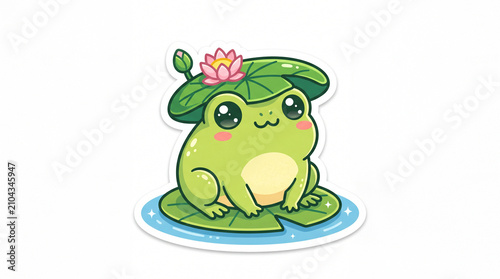 A cute cartoon frog wearing a lily pad and flower, sitting on a water surface surrounded by nature