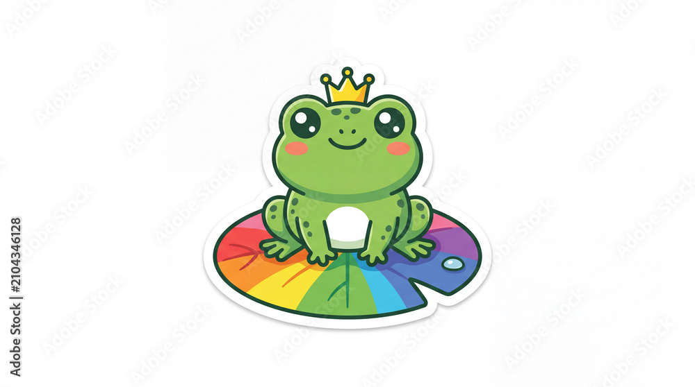 Obraz premium A cheerful cartoon frog with a crown sitting on a rainbow color palette, exuding joy and playfulness
