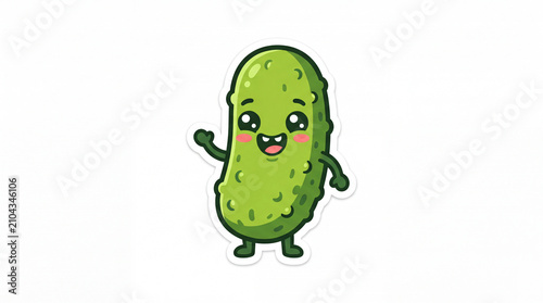 Cute cartoon pickle character with a smiling expression and rosy cheeks, waving happily against a white background