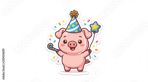 Cute cartoon pig wearing a party hat, holding a star balloon and a wand, surrounded by colorful confetti and cheerful vibes