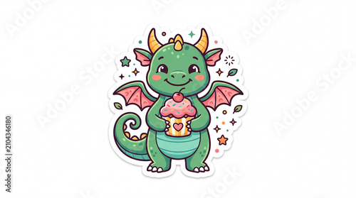 Playful green dragon character holding a cupcake, adorned with colorful stars and confetti in a whimsical style