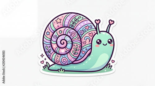 Cute cartoon snail with a colorful spiral shell, displaying emotions of happiness with hearts above its head