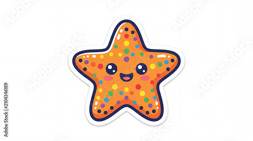 Colorful cartoon starfish sticker design with a joyful expression, featuring bright orange hues and playful details