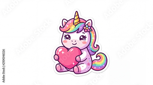 A cute unicorn character holding a heart, featuring vibrant colors and a playful expression, ideal for children's illustrations or stickers