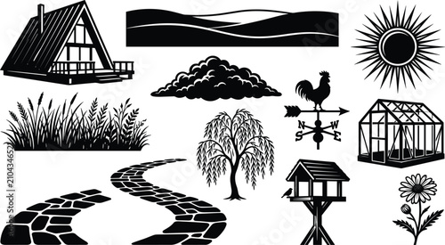 Принти на полотні Rustic Farm Landscape Silhouette Collection Vector Set with Cottage Greenhouse W