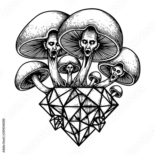 Fotografie Surreal mushrooms with human faces growing from geometric crystal in engraving s
