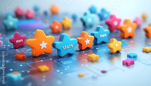 Colorful star-shaped blocks with 'stars' text on a blue grid background, orange