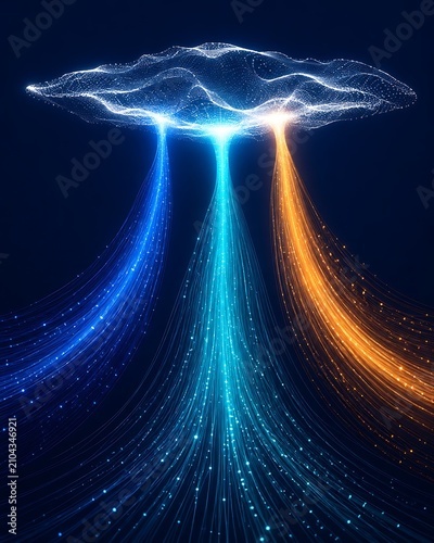 Futuristic digital data cloud with glowing fiber optic light beams, abstract network connection concept, blue and orange energy particles on dark background