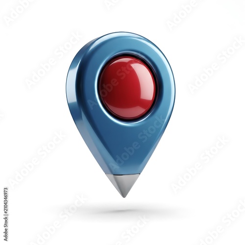 Glossy blue and red map pin icon rendered with a shiny metallic finish on white background