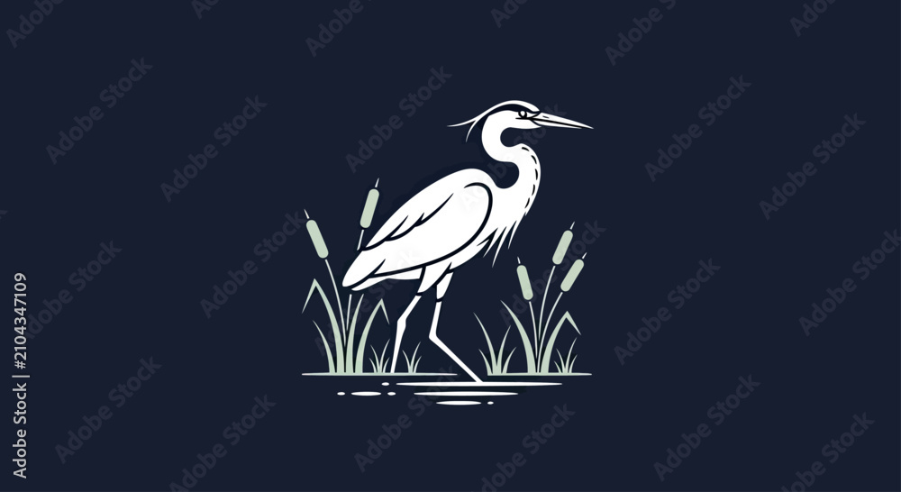 Obraz premium White heron bird silhouette standing in marsh reeds.